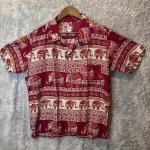 Men's Red Aloha Button Shirt Sz XXL Thai Asian Elephants